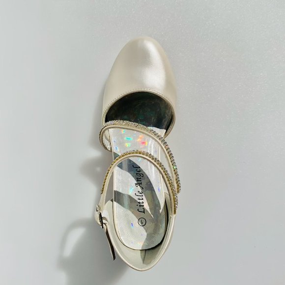 Little Girl PU Rhinestone Mary Jane Kitten Heel Pump (Ivory Leatherette) - Picture 2 of 6